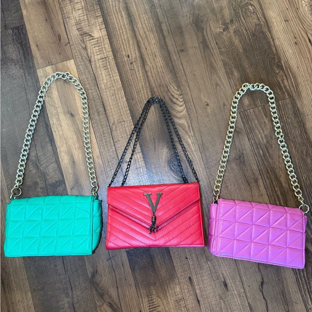 Stylish Green, Red, and Pink Quilted Chain Bags